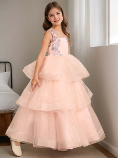 Sleeveless Scoop-Neck Ball Gown with Lace Appliques for Flower Girls