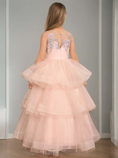 Sleeveless Scoop-Neck Ball Gown with Lace Appliques for Flower Girls