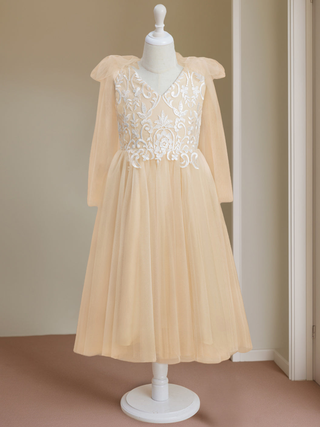 Sleeveless V-Neck A-Line Princess Tea-Length Flower Girl Dress with Lace