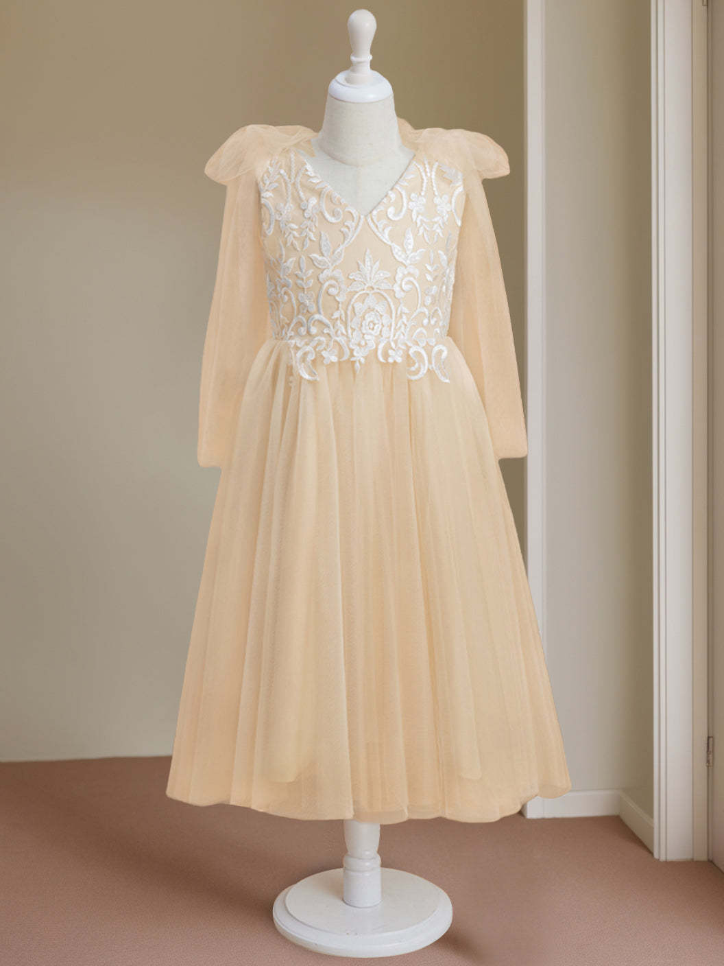 Sleeveless V-Neck A-Line Princess Tea-Length Flower Girl Dress with Lace
