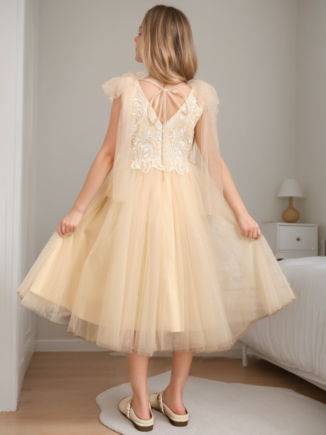Sleeveless V-Neck A-Line Princess Tea-Length Flower Girl Dress with Lace