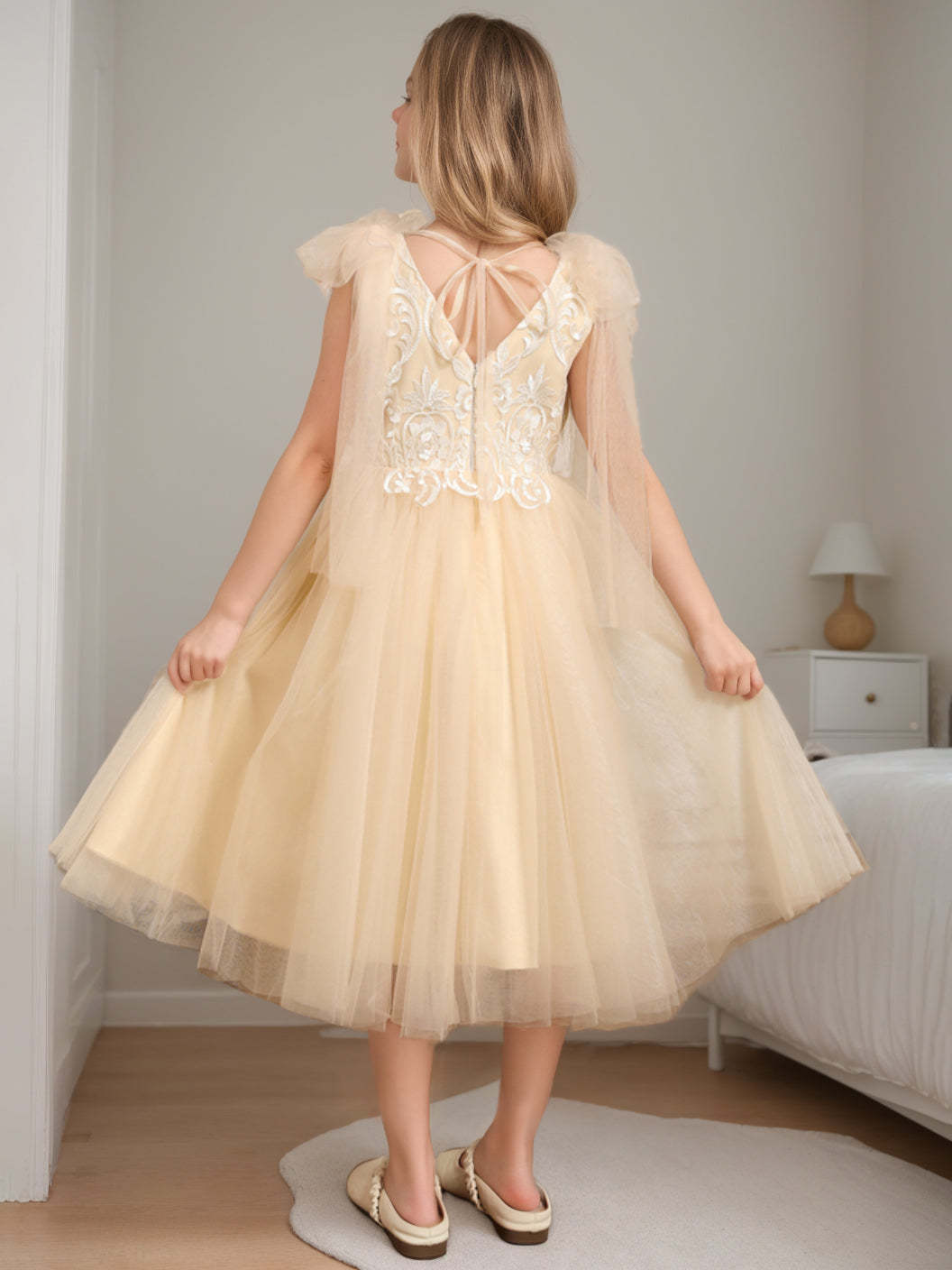 Sleeveless V-Neck A-Line Princess Tea-Length Flower Girl Dress with Lace