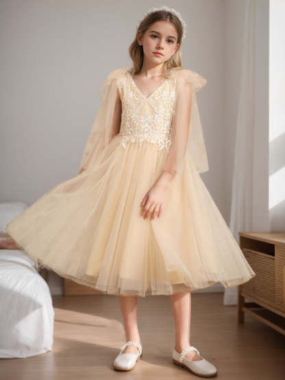 Sleeveless V-Neck A-Line Princess Tea-Length Flower Girl Dress with Lace