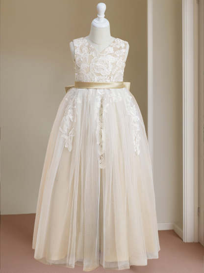 Sleeveless V-Neck A-Line Princess Floor-Length Flower Girl Dress with Bowknot