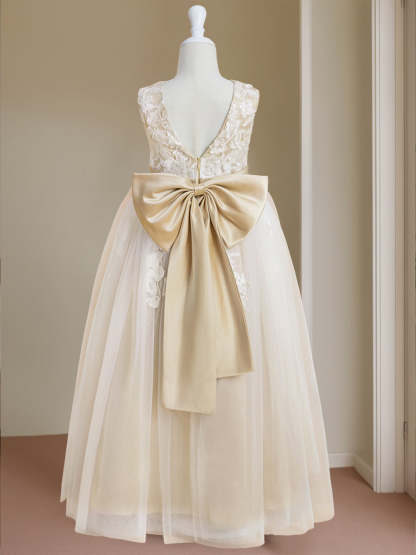 Sleeveless V-Neck A-Line Princess Floor-Length Flower Girl Dress with Bowknot