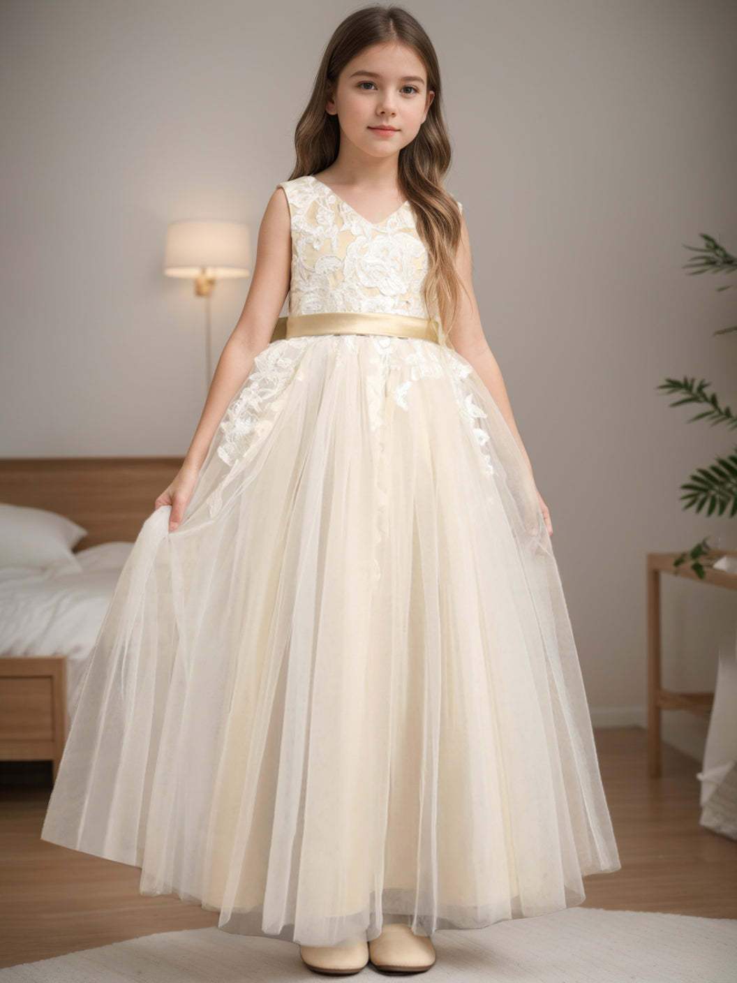 Sleeveless V-Neck A-Line Princess Floor-Length Flower Girl Dress with Bowknot