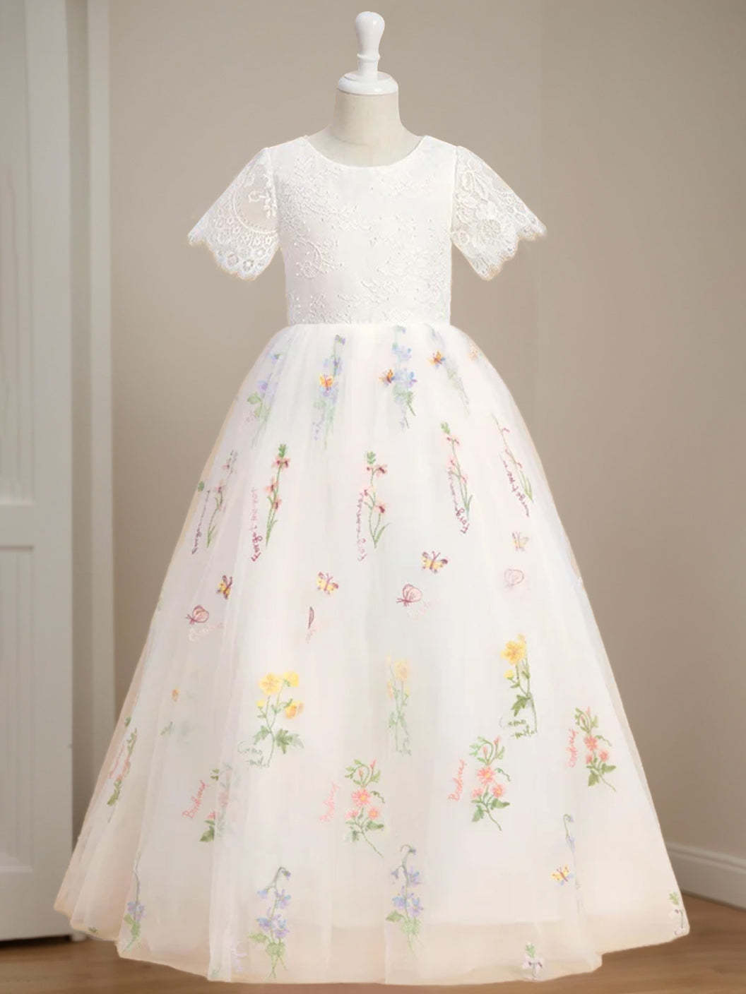 Princess A-Line Floor-Length Flower Girl Dress with Scoop Neck and Short Lace Sleeves