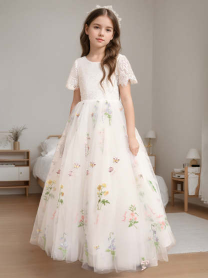Princess A-Line Floor-Length Flower Girl Dress with Scoop Neck and Short Lace Sleeves