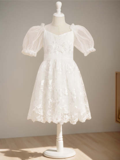 Knee-Length Flower Girl Dress with Lace in A-Line/Princess V-Neck Short Sleeves