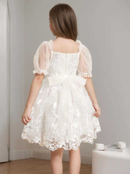 Knee-Length Flower Girl Dress with Lace in A-Line/Princess V-Neck Short Sleeves