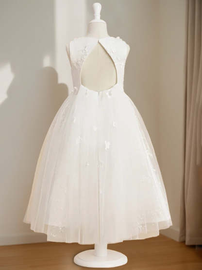 Sleeveless Scoop Neck A-Line Princess Tea-Length Flower Girl Dress with Beading