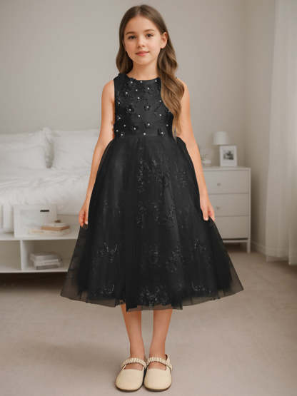 Sleeveless Scoop Neck A-Line Princess Tea-Length Flower Girl Dress with Beading