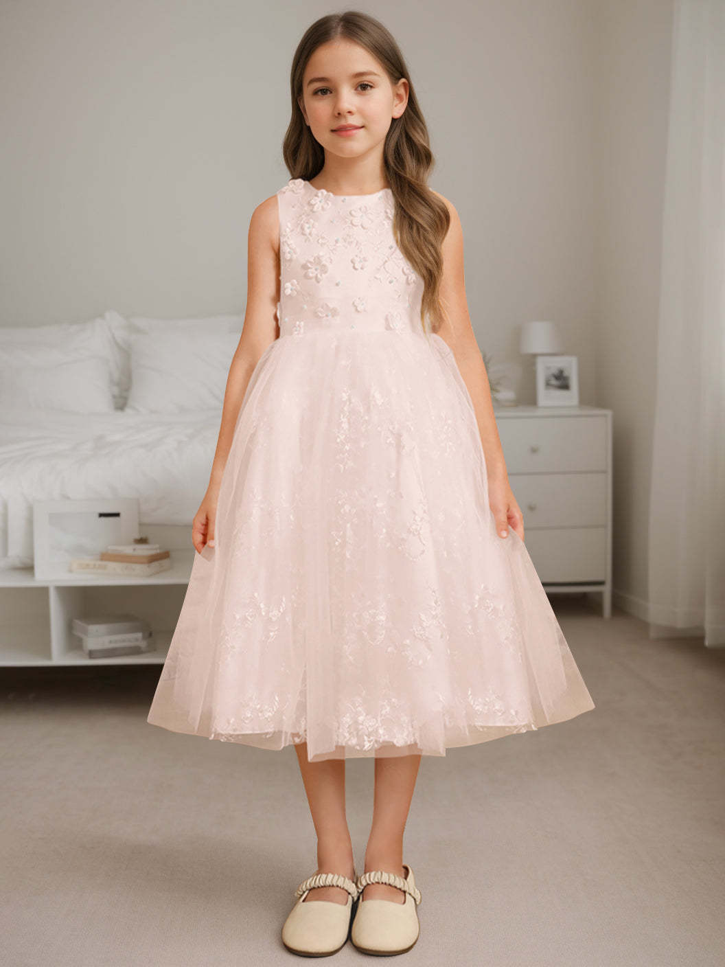 Sleeveless Scoop Neck A-Line Princess Tea-Length Flower Girl Dress with Beading