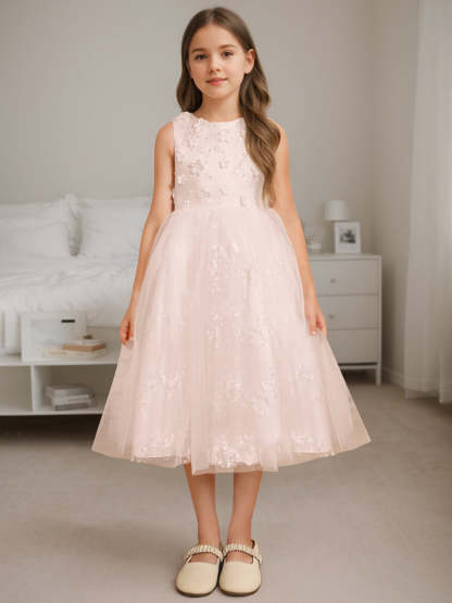 Sleeveless Scoop Neck A-Line Princess Tea-Length Flower Girl Dress with Beading
