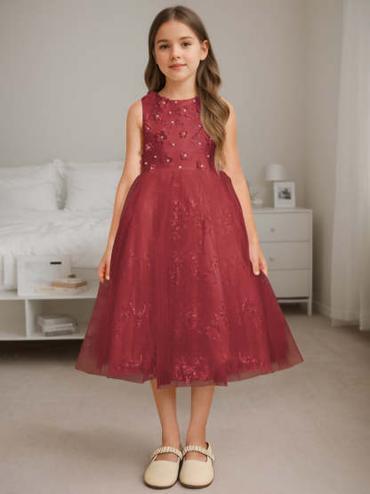 Sleeveless Scoop Neck A-Line Princess Tea-Length Flower Girl Dress with Beading