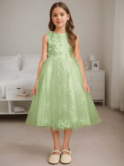 Sleeveless Scoop Neck A-Line Princess Tea-Length Flower Girl Dress with Beading