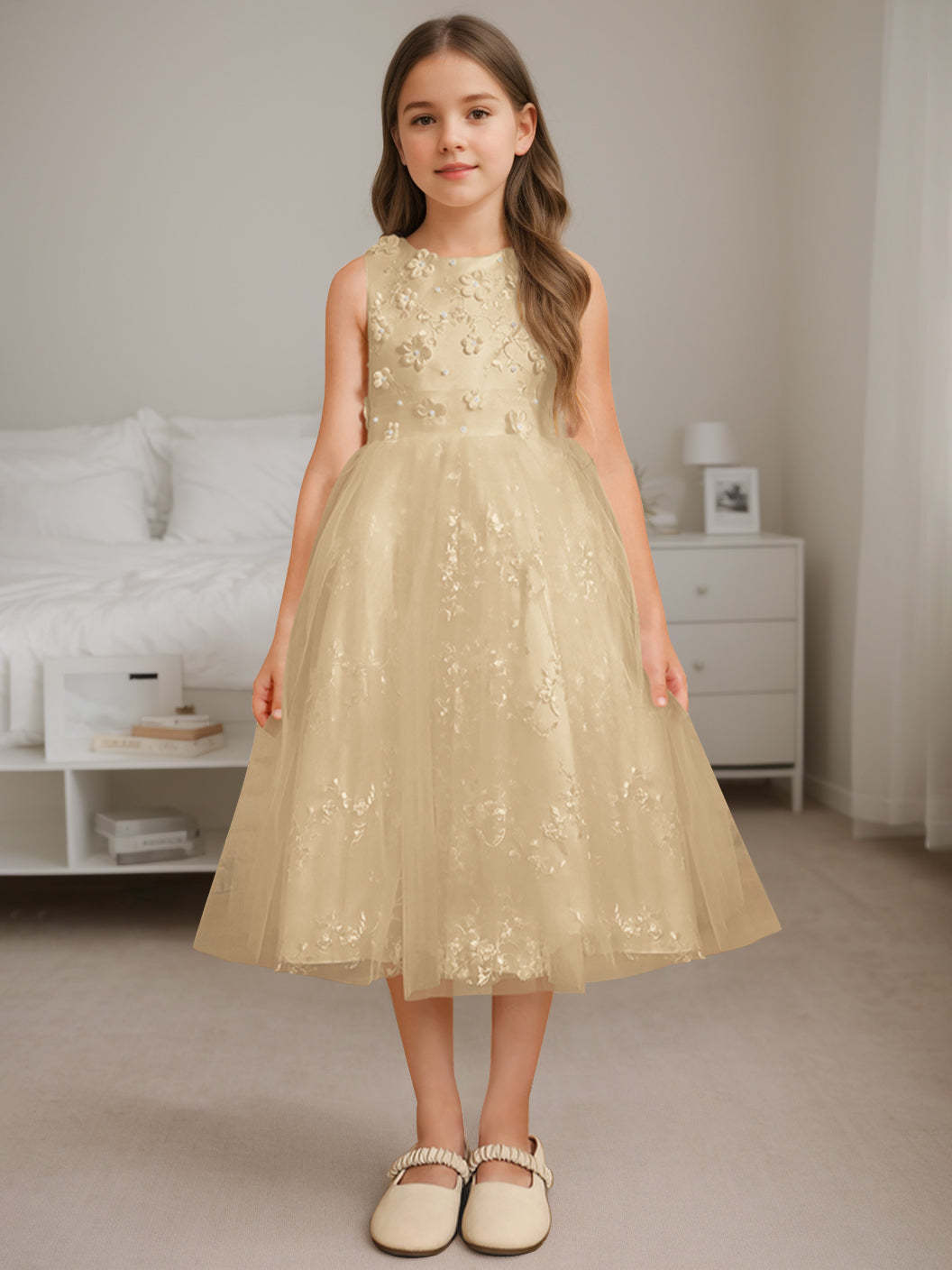 Sleeveless Scoop Neck A-Line Princess Tea-Length Flower Girl Dress with Beading
