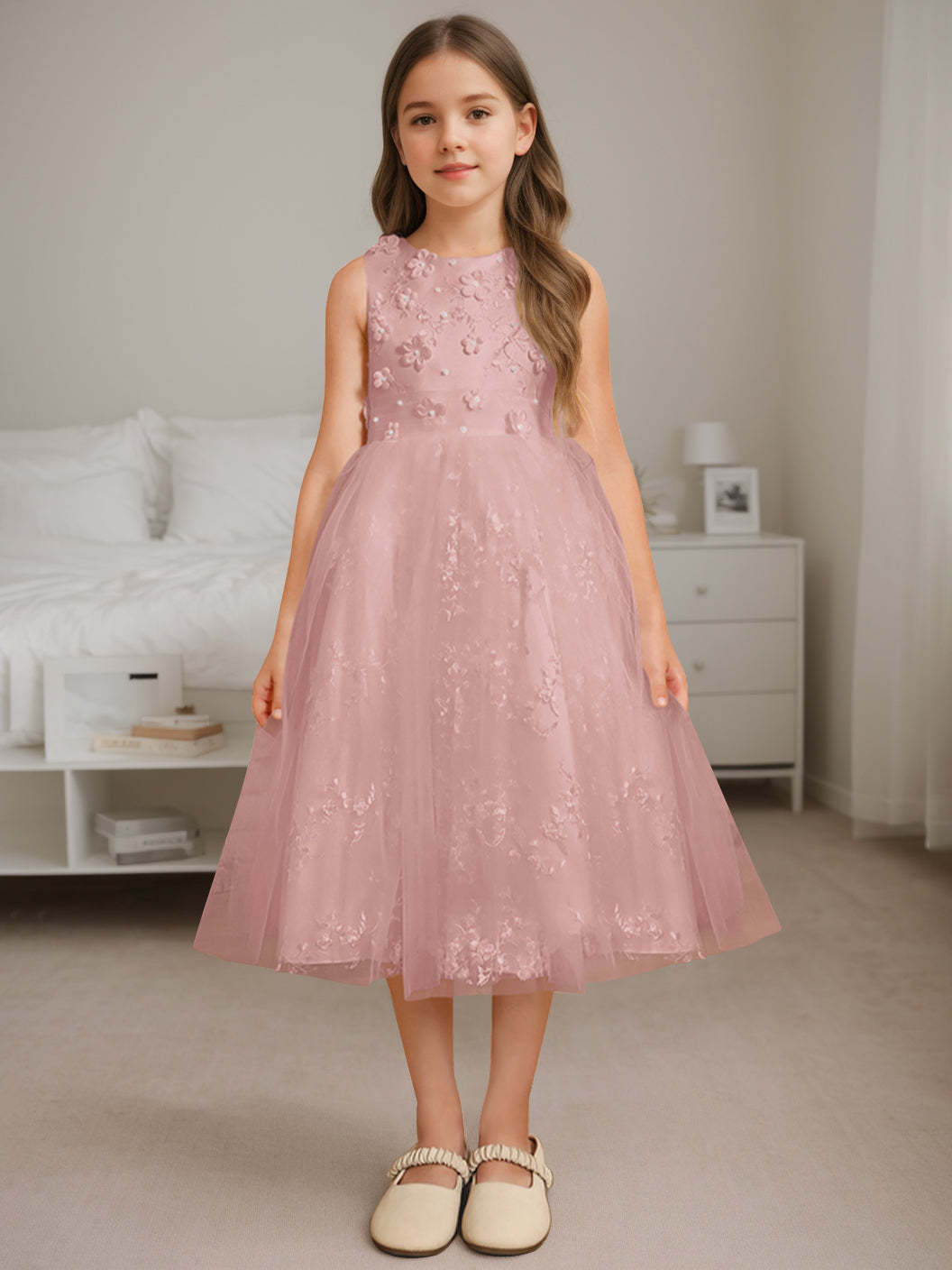 Sleeveless Scoop Neck A-Line Princess Tea-Length Flower Girl Dress with Beading