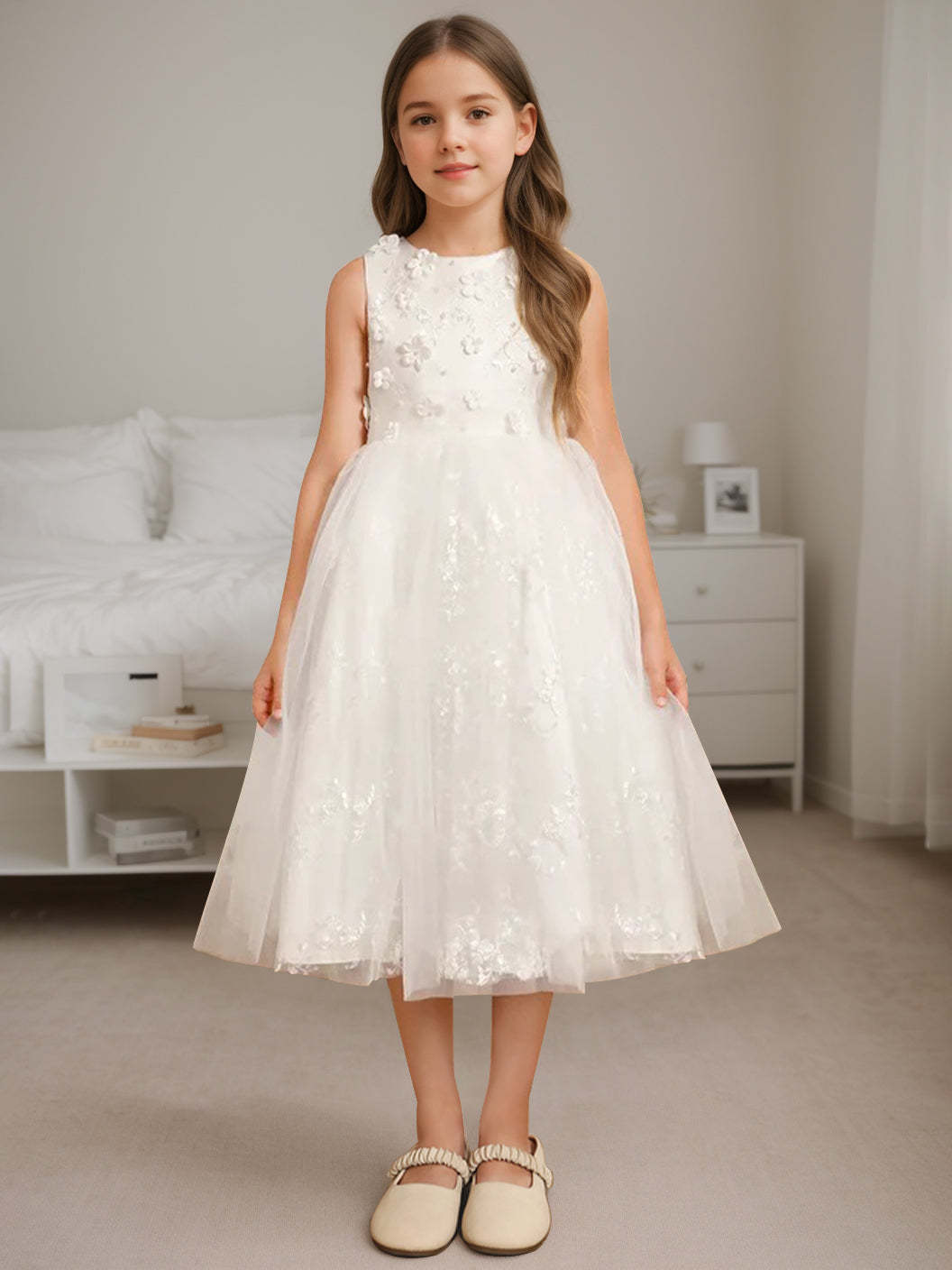 Sleeveless Scoop Neck A-Line Princess Tea-Length Flower Girl Dress with Beading