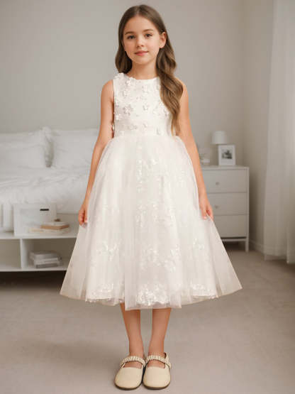 Sleeveless Scoop Neck A-Line Princess Tea-Length Flower Girl Dress with Beading