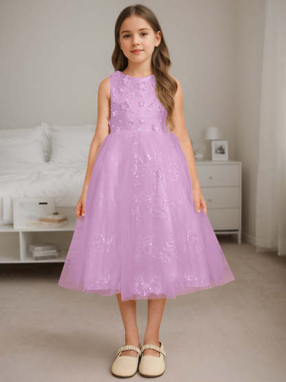 Sleeveless Scoop Neck A-Line Princess Tea-Length Flower Girl Dress with Beading