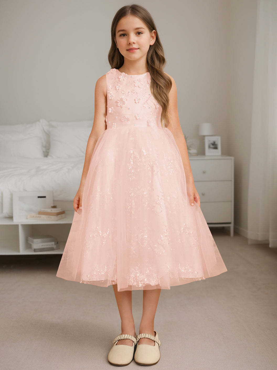Sleeveless Scoop Neck A-Line Princess Tea-Length Flower Girl Dress with Beading