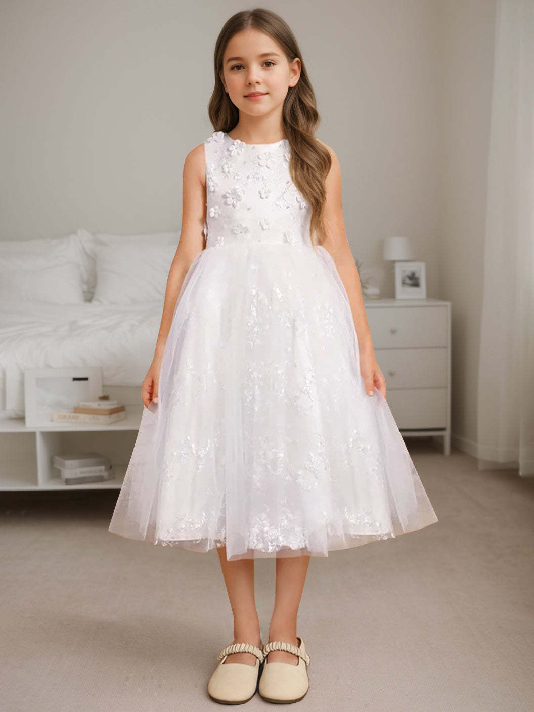 Sleeveless Scoop Neck A-Line Princess Tea-Length Flower Girl Dress with Beading