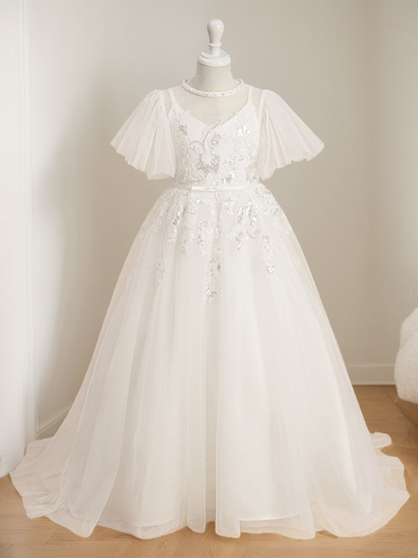 Short-Sleeve Floor-Length Flower Girl Ball Gown with Jewel Neck and Lace