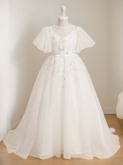 Short-Sleeve Floor-Length Flower Girl Ball Gown with Jewel Neck and Lace