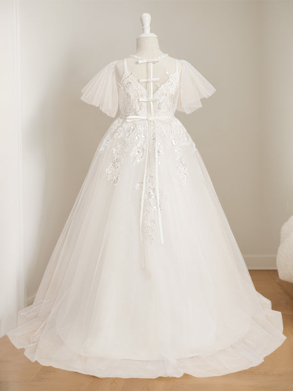 Short-Sleeve Floor-Length Flower Girl Ball Gown with Jewel Neck and Lace