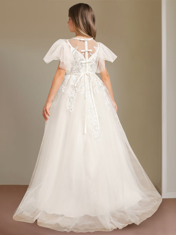 Short-Sleeve Floor-Length Flower Girl Ball Gown with Jewel Neck and Lace