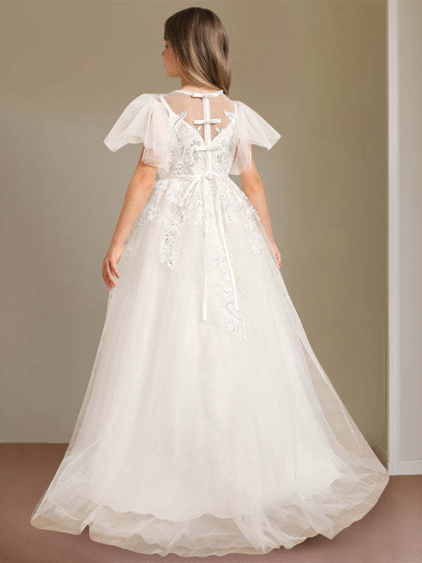 Short-Sleeve Floor-Length Flower Girl Ball Gown with Jewel Neck and Lace