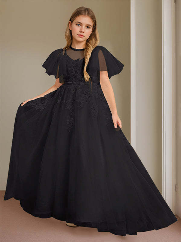 Short-Sleeve Floor-Length Flower Girl Ball Gown with Jewel Neck and Lace