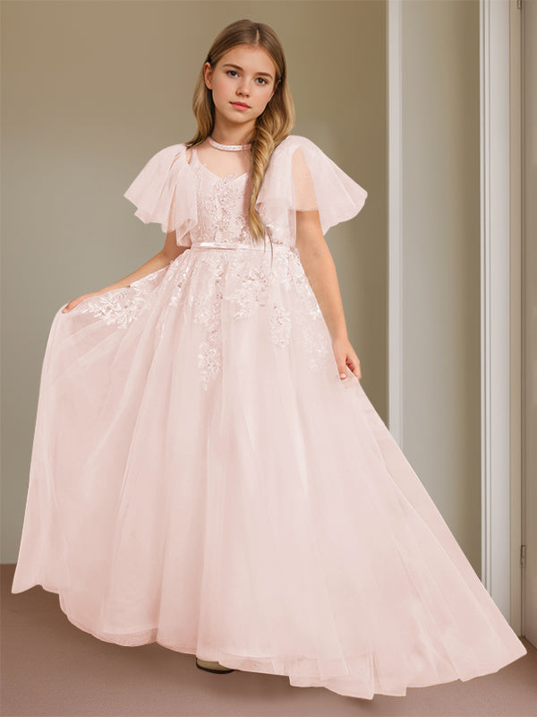 Short-Sleeve Floor-Length Flower Girl Ball Gown with Jewel Neck and Lace
