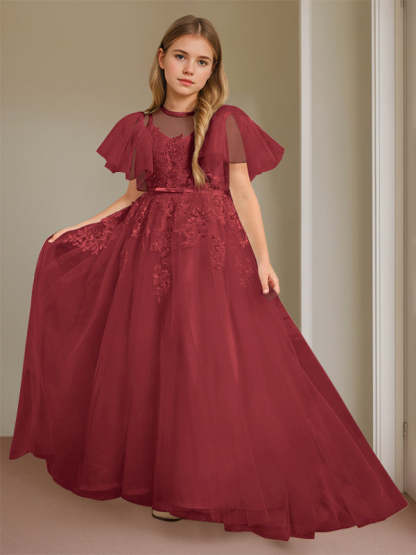 Short-Sleeve Floor-Length Flower Girl Ball Gown with Jewel Neck and Lace