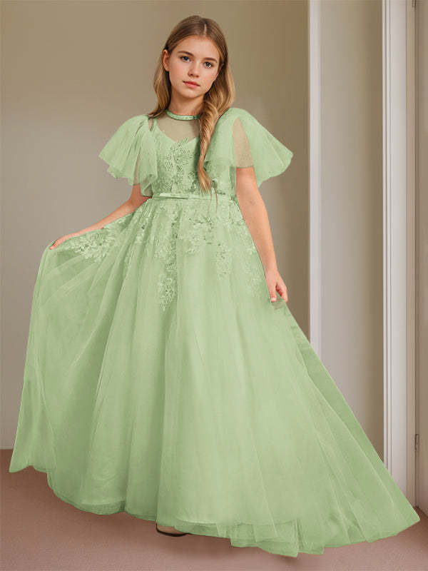 Short-Sleeve Floor-Length Flower Girl Ball Gown with Jewel Neck and Lace