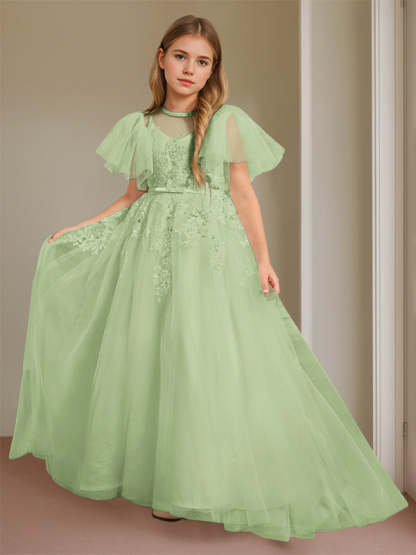 Short-Sleeve Floor-Length Flower Girl Ball Gown with Jewel Neck and Lace