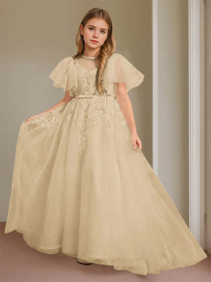 Short-Sleeve Floor-Length Flower Girl Ball Gown with Jewel Neck and Lace