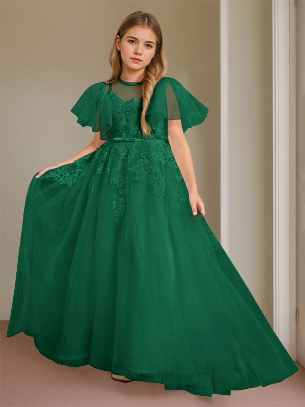 Short-Sleeve Floor-Length Flower Girl Ball Gown with Jewel Neck and Lace
