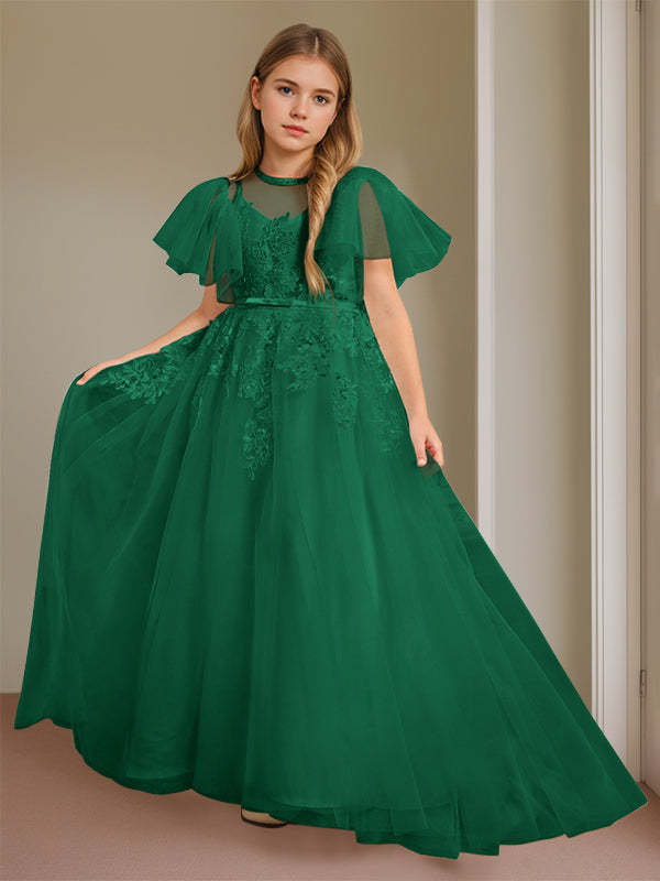 Short-Sleeve Floor-Length Flower Girl Ball Gown with Jewel Neck and Lace