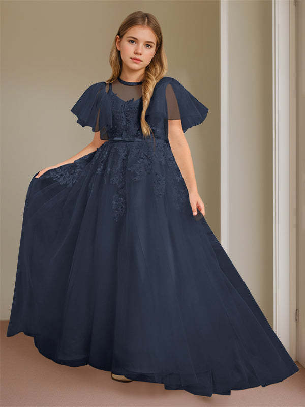 Short-Sleeve Floor-Length Flower Girl Ball Gown with Jewel Neck and Lace