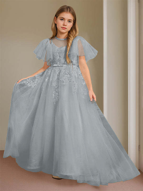 Short-Sleeve Floor-Length Flower Girl Ball Gown with Jewel Neck and Lace