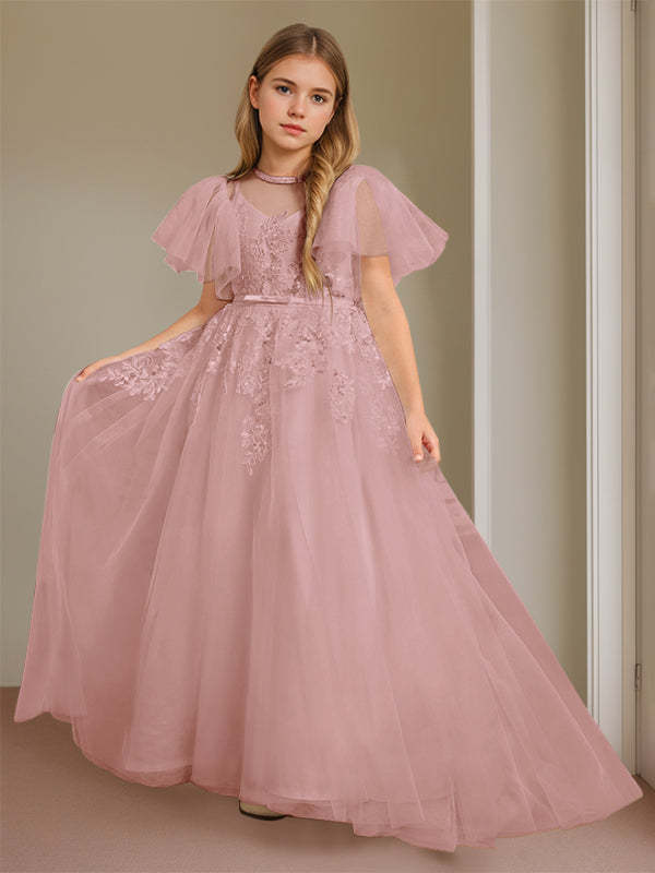 Short-Sleeve Floor-Length Flower Girl Ball Gown with Jewel Neck and Lace