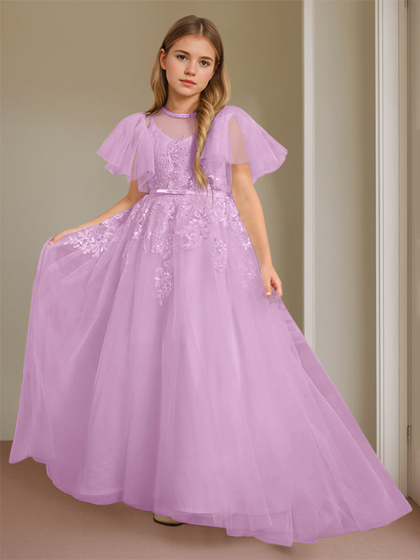 Short-Sleeve Floor-Length Flower Girl Ball Gown with Jewel Neck and Lace