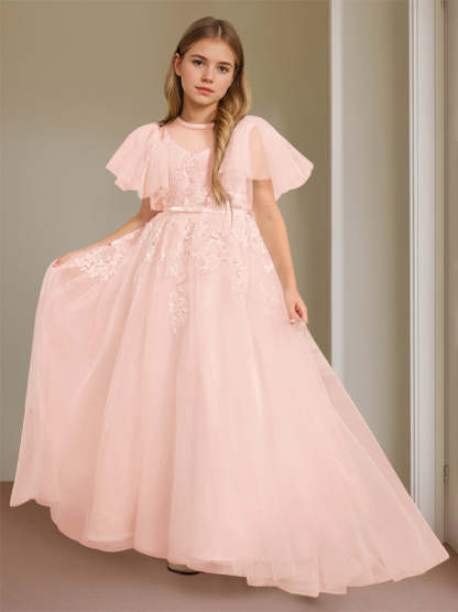 Short-Sleeve Floor-Length Flower Girl Ball Gown with Jewel Neck and Lace
