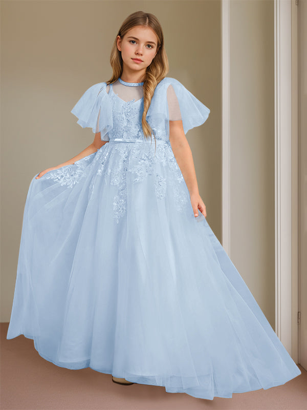 Short-Sleeve Floor-Length Flower Girl Ball Gown with Jewel Neck and Lace