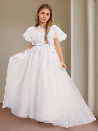 Short-Sleeve Floor-Length Flower Girl Ball Gown with Jewel Neck and Lace