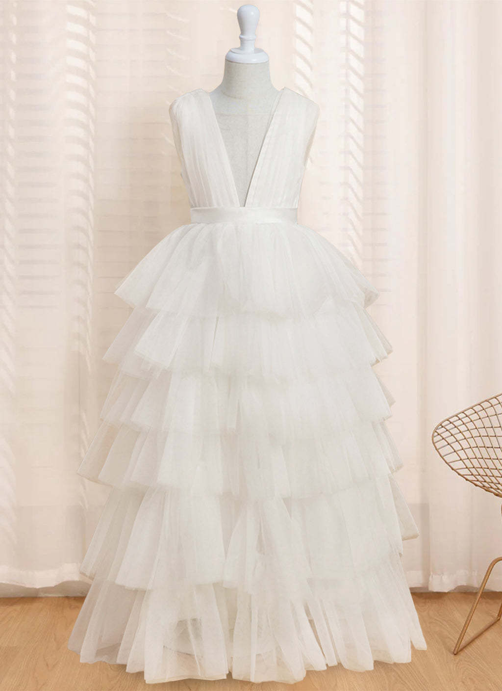 Sleeveless V-Neck Ball-Gown Flower Girl Dress with Ruffles Floor-Length