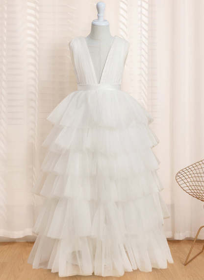 Sleeveless V-Neck Ball-Gown Flower Girl Dress with Ruffles Floor-Length