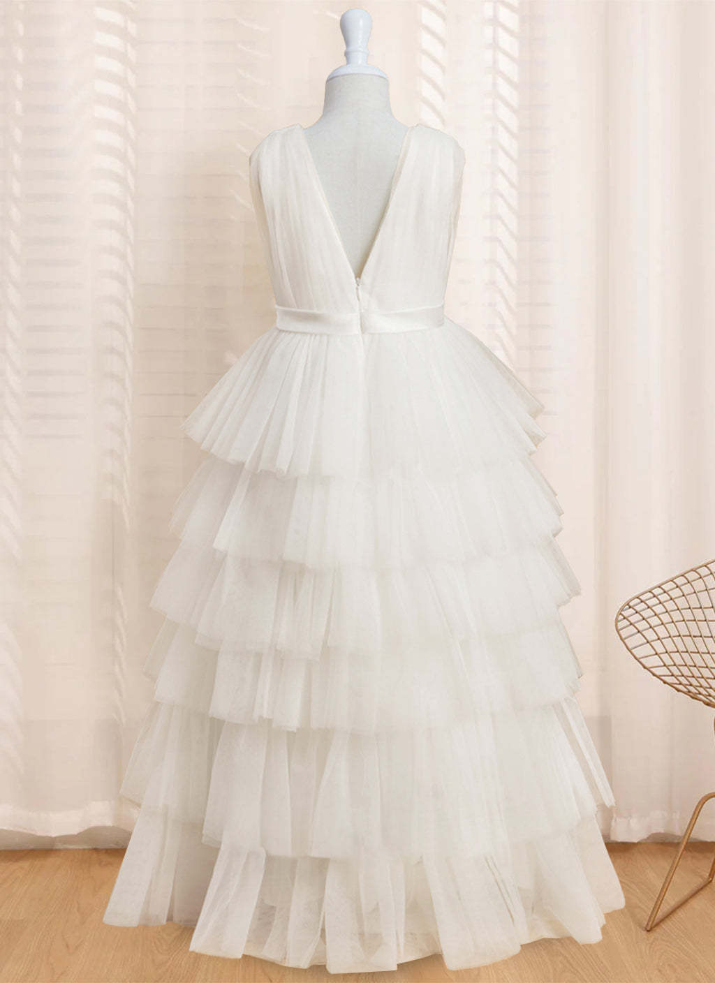 Sleeveless V-Neck Ball-Gown Flower Girl Dress with Ruffles Floor-Length